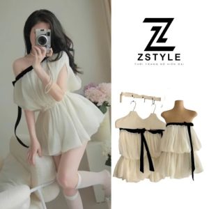 Đầm trễ vai đính nơ đá viền đen